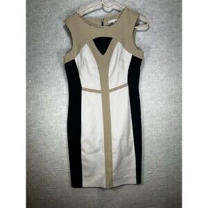 Sandra Darren Dress Womens 10 Black Tan Colorblock Knit Sheath Cut Out Neck